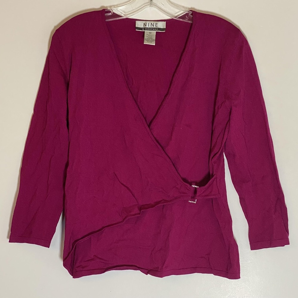 Nine & Company Top Womens Medium Pink Wrap V Neck Rhinestone‎ Buckle Long Sleeve